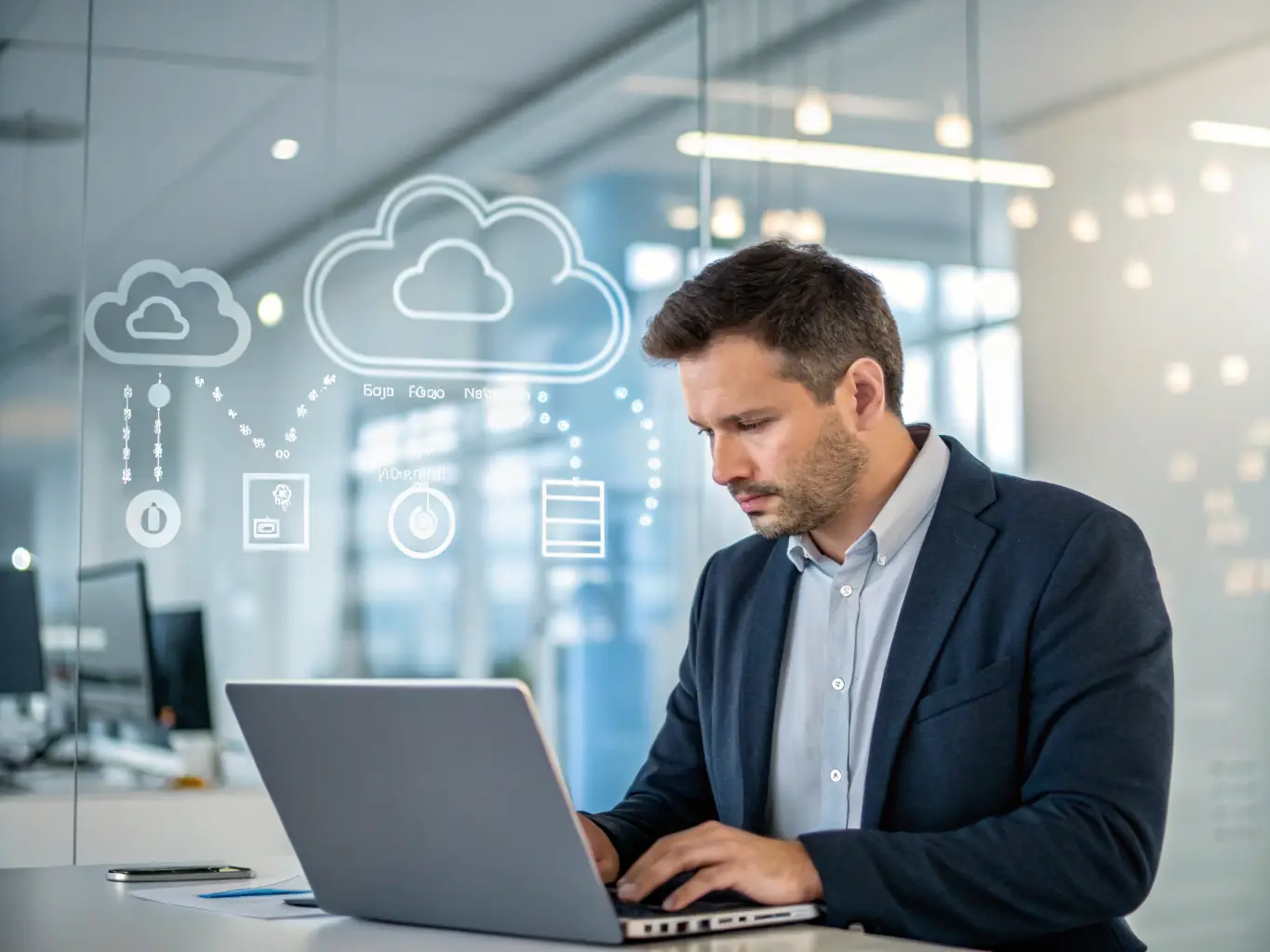 A professional showcasing AWS cloud services on a laptop, highlighting scalability and reliability for Praise Consulting's clients.