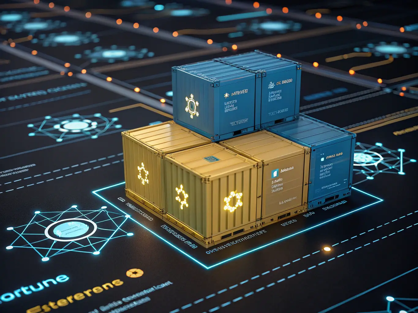 An image illustrating container orchestration with multiple containers running in a cluster, showcasing the scalability and resilience of the system. The image should convey a sense of dynamic resource allocation and high availability.