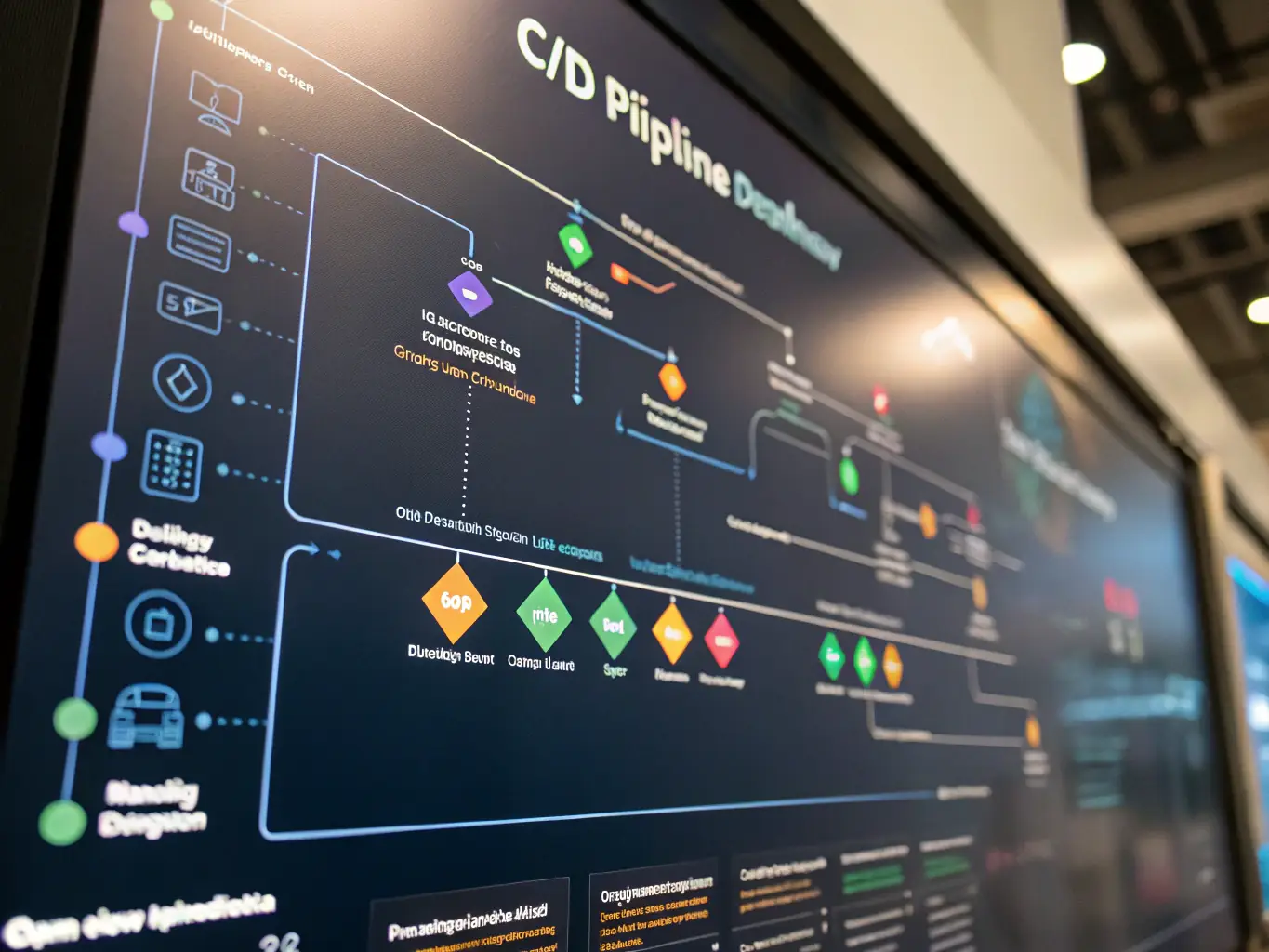 A detailed image showcasing a CI/CD pipeline with automated testing and deployment stages, highlighting the efficiency and speed of the process. The image should convey a sense of seamless integration and continuous improvement.